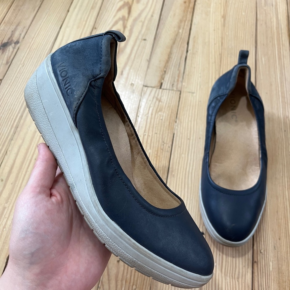 Vionic Jacey Wedge Loafers Womens 6.5 Navy Blue Leather Orthotic Slip On Shoes